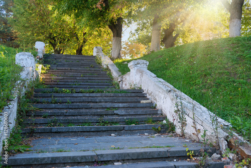 Ancient ladder in park to the sun. photo