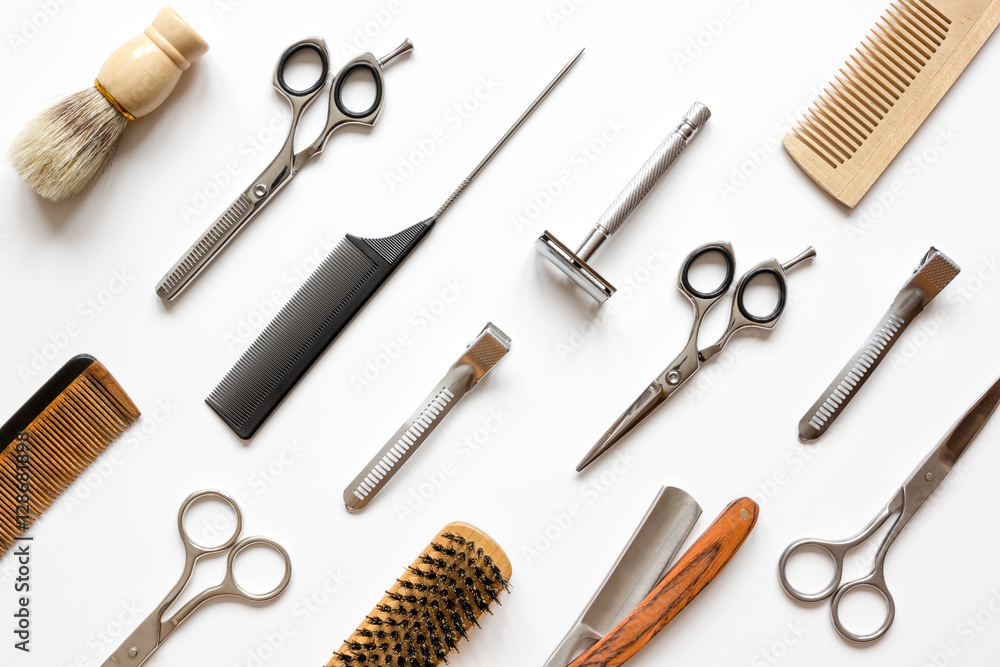 Instruments male hairdresser barbershop top view Instruments male hairdresser barbershop top view