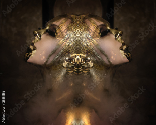 Attractive hot woman with beautiful liquid gold on her face and body is posing dark background in smoke, closed eyes, mirrored, double