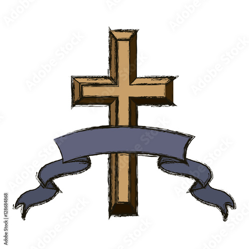 Cross and ribbon icon. Religion god pray faith and believe theme. Isolated design. Vector illustration