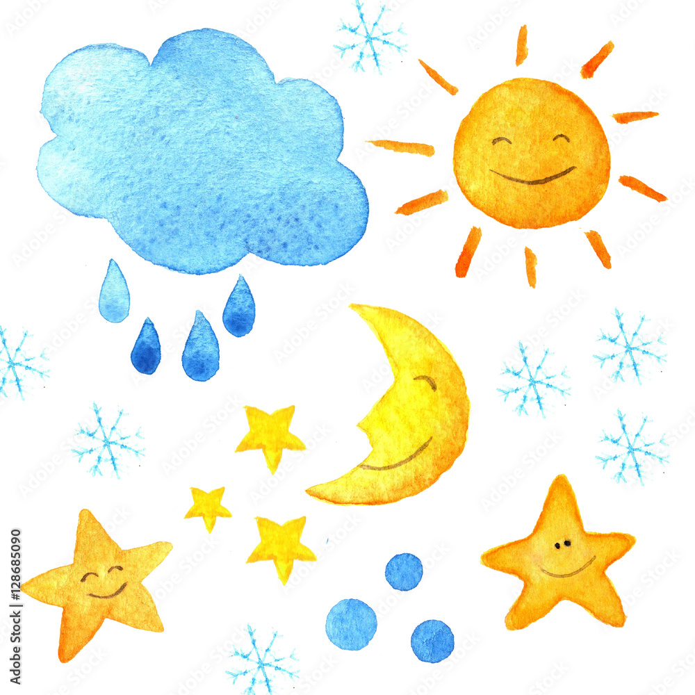 Weather watercolor pattern. Cute smiling sun, moon, star, drops, and cloud. Hand painted illustration.