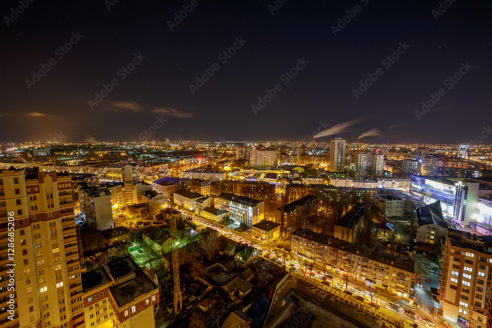 View of night city. Houses, night lights. Voronezh city.