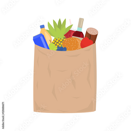 Vector market paper shopping bag full groceries