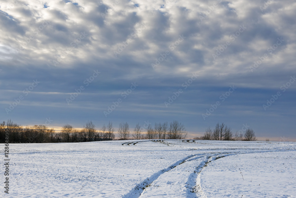 Traces  car in snowy fields.