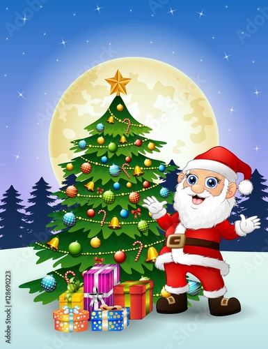 Santa claus with christmas tree and gift boxes at night full moon background  