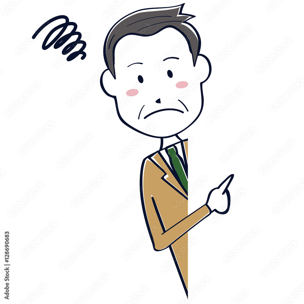 ベージュのスーツのかわいいおじさん　ビジネスマン　線画　上半身　覗き込んで悩む