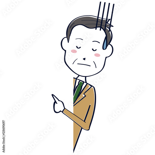ベージュのスーツのかわいいおじさん　ビジネスマン　線画　上半身　覗き込んで落ち込む