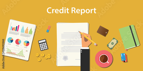 credit report business illustration with business man signing a paper work document with graph and chart