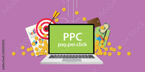 ppc pay per click business illustration with gold money coin falling down from sky with target goals and graph chart