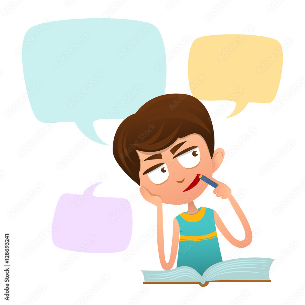 Cute boy clever thought. The child is sitting with a book and over it speech clouds. Cute boy clever thought. The child is sitting with a book and over it speech clouds.