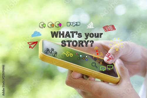 what's your story over a smart phone on blur background , busine