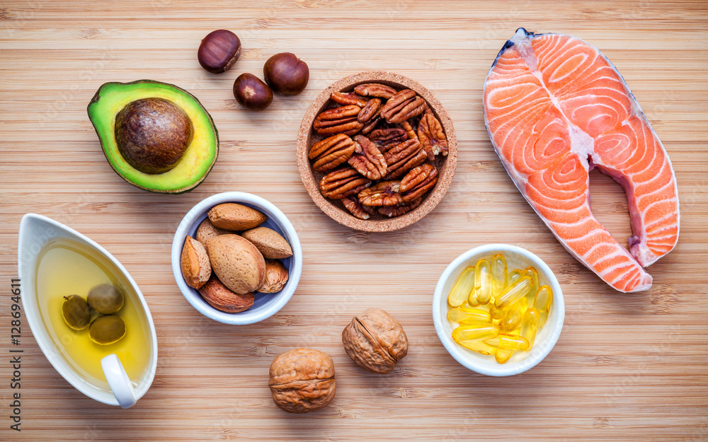 Selection food sources of omega 3 and unsaturated fats. Super fo Selection food sources of omega 3 and unsaturated fats. Super fo