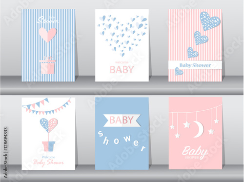 Set of baby shower invitations cards,poster,greeting,template,hearts,Vector illustrations