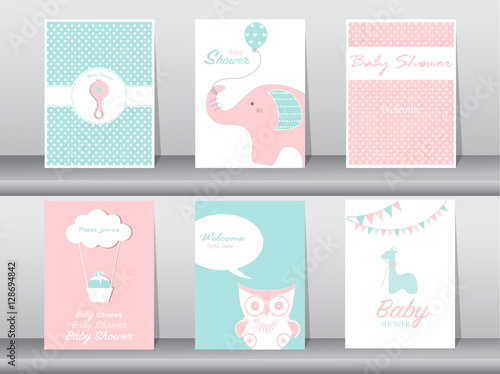 Set of greeting and invitation card, birthday, holiday, Animals, owl, elephant, giraffe, and duck. cartoon, vector illustration.
