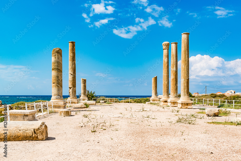 Al Mina archaeological site in Tyre, Lebanon. It is located about 80 km south of Beirut and has led to its designation as a UNESCO World Heritage Site in 1984.