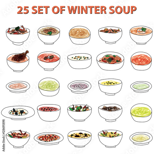 set of winter soup / pasta icons. vector illustration