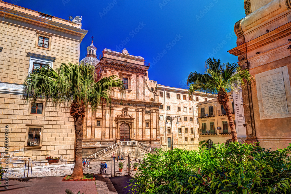 View of Piazza Bellini in Palermo, Sicily, Italy. Beautiful architecture of the historical center
