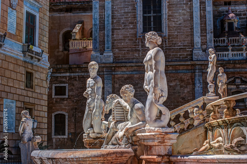 Beautiful sculpture of the famous fountain of shame on baroque Piazza Pretoria, Palermo, Sicily, Italy