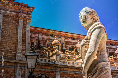Beautiful sculpture of the famous fountain of shame on baroque Piazza Pretoria, Palermo, Sicily, Italy