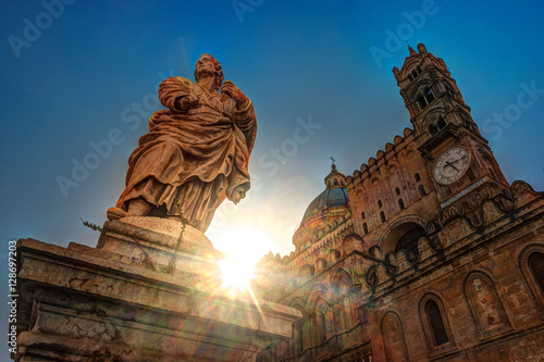 Sculpture in front of Palermo Cathedral church against sun, Sicily, Italy