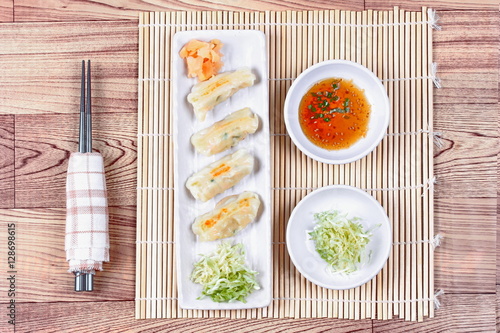 Japanese steamed stuffing flour with pork and cabbage as Gyoza.