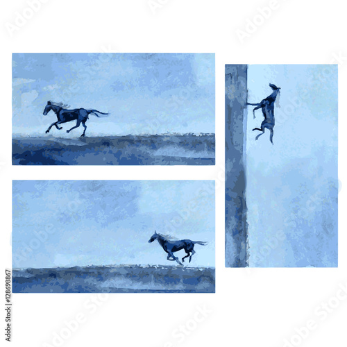 Horse hand drawn watercolor vector abstract illustration, banner with horse race, wild animal, template greeting card, label, web site, printing, advertising, decorative wallpaper, textured background