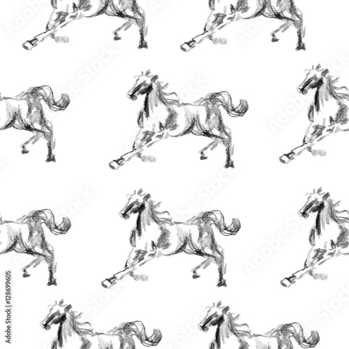 Horse hand drawn graphic illustration painted pencil isolated on white, seamless vector pattern, decorative background, designed texture, ornament for greeting card, package, wallpaper, scrapbook