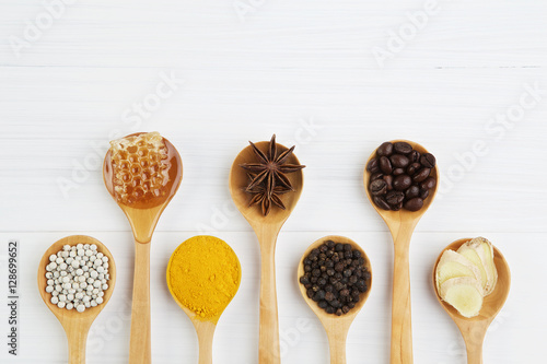 Natural Spa Ingredients. coffee beans, pepper, turmeric, ginger,