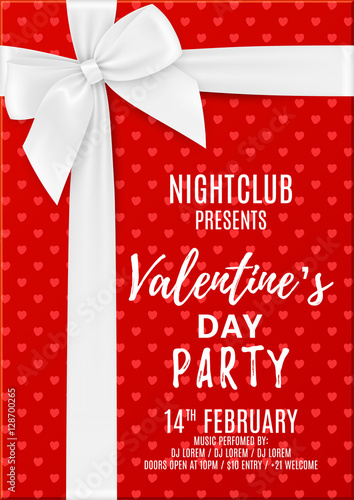 Valentine's Day party flyer. Top view on red gift box with white bow. Beautiful greeting card. Design of invitation to nightclub. Vector illustration.