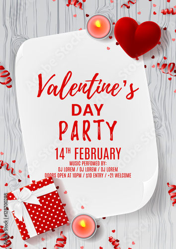 Happy Valentine's Day party flyer. Top view on gift box and red case for ring. Beautiful backdrop with greeting card and candles on wooden texture. Vector illustration. Invitation to nightclub.