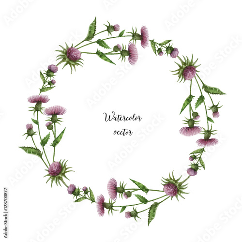 Canvas Print Watercolor vector round frame of milk Thistle.