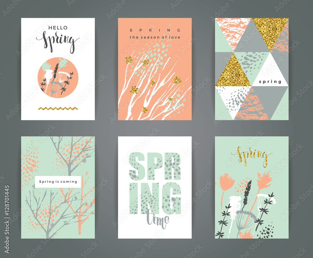 Fototapeta Set of artistic creative spring cards.