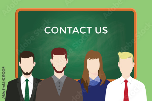 contact us business illustration team stand together with text on green board as background