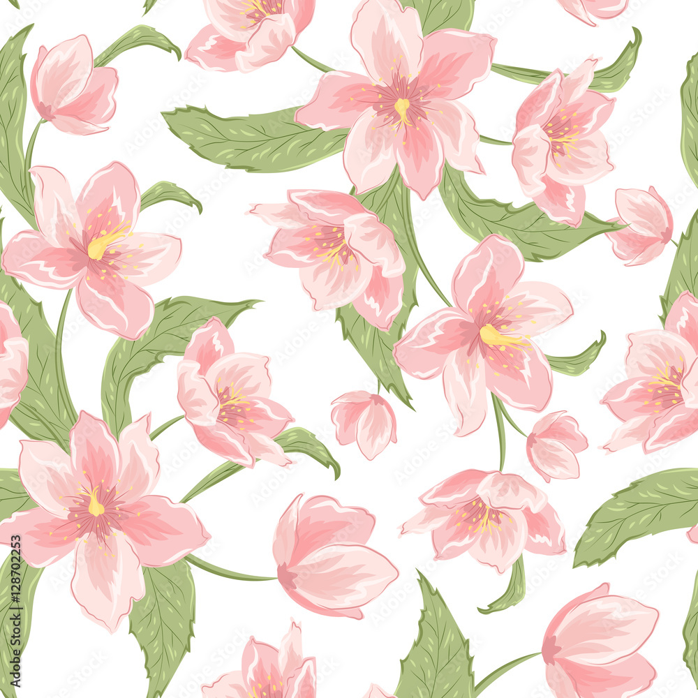 Hellebore sakura magnolia blooming flowers seamless pattern. Pink petals, green leaves, white background. Detailed floral vector design illustration. Christomas winter rose. Helleborus niger.