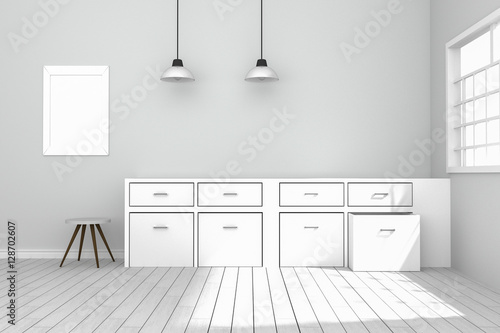 3D rendering   illustration of White interior modern kitchen room design with two vintage lamp hanging. wooden floor.sun light shining from outside of the room.design your home concept.