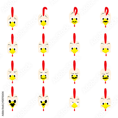 Set emotions cock. Character cartoon rooster head a happy, angry, surprised, sad