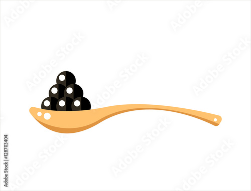 Black caviar in wooden spoon isolated on white background. Roe icon vector illustration. Russian traditional snack. Caviare menu for restaurant.
