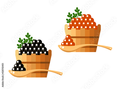 Black and red caviar in a wooden barrel isolated on white background. Roe icon logo vector illustration. Russian traditional snack. Caviare menu for restaurant