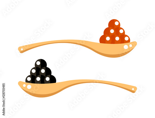 Black and red caviar in wooden spoon isolated on white background. Roe icon vector illustration. Russian traditional snack. Caviare menu for restaurant