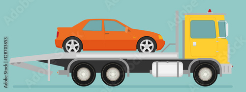 Tow truck with car on it, flat style illustration