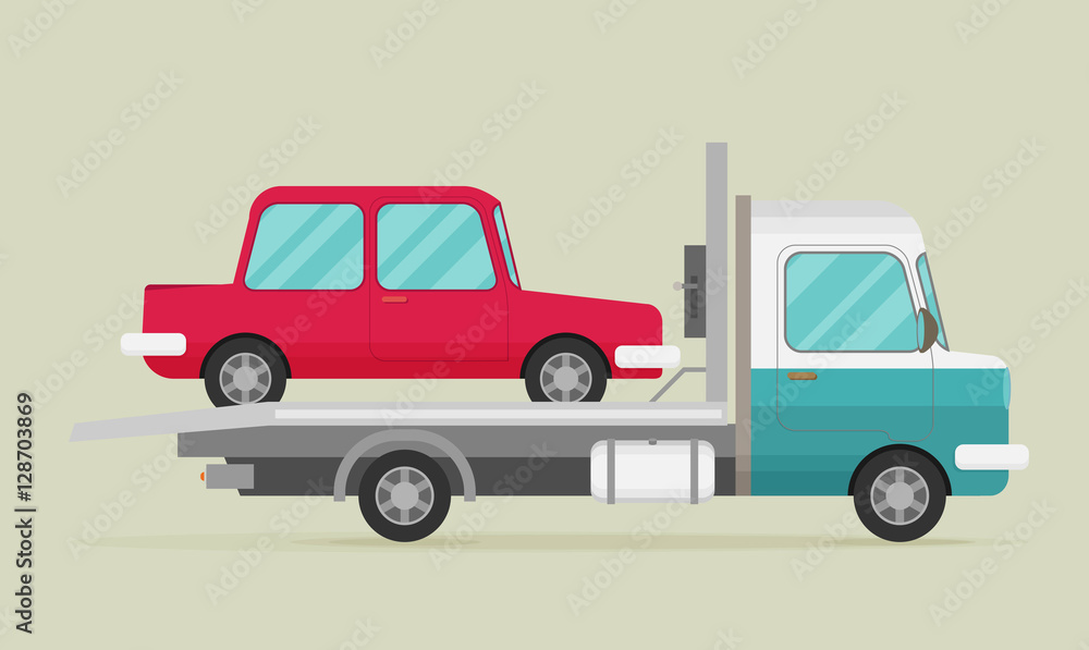 Tow truck with car on it, flat style illustration