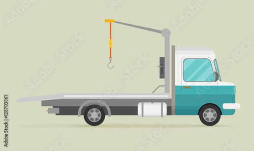 Tow truck with car on it, flat style illustration