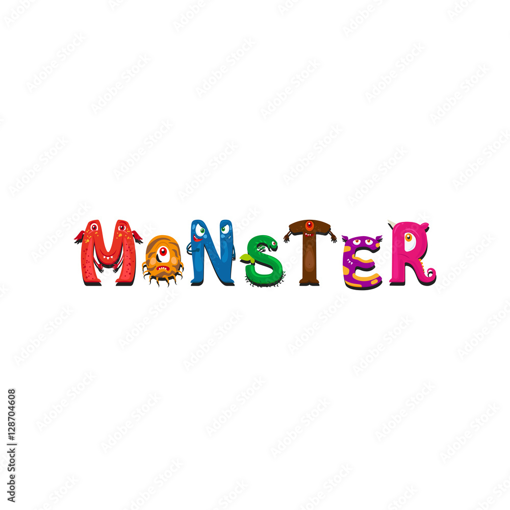 Print design for textile with Monsters letter and word Monster isolated on white. Vector illustration Print design for textile with Monsters letter and word Monster isolated on white. Vector illustration
