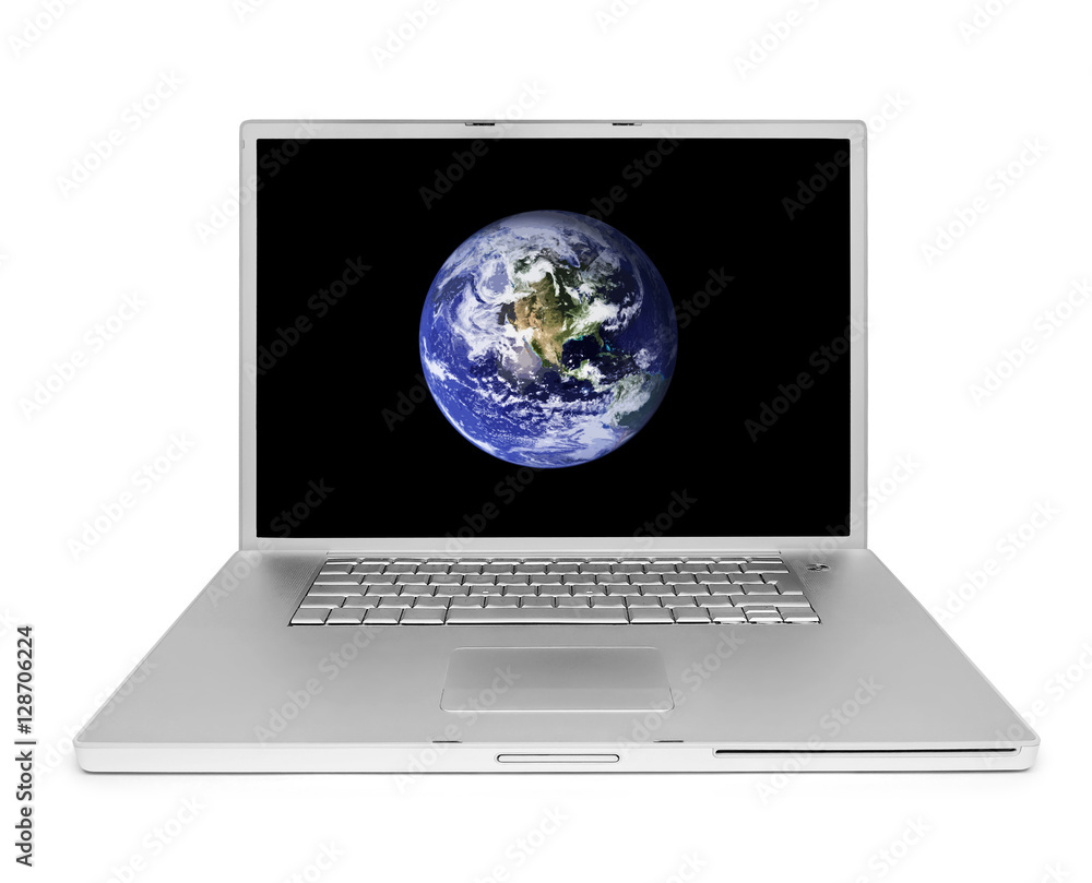 Open, silver laptop, isolated on white background with earth ball. Open, silver laptop, isolated on white background with earth ball.