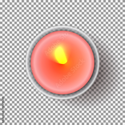 Realistic candle isolated on transparent backdrop. Vector illustration. Top view on pink burning candle. Template for design of your greeting cards.