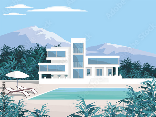 Abstract image of a large, beautiful country house. Luxury Villa in the mountains surrounded by tropical plants. Vector background.