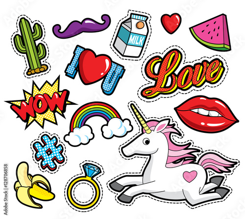 Fashion patch badges with lips, hearts, rainbow and other elements. Vector illustration isolated on white background. Set of stickers, pins, patches in cartoon 80s-90s comic style.