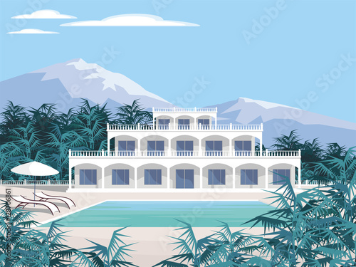 Abstract image of a large, beautiful country house. Luxury Villa in the mountains surrounded by tropical plants. Vector background.
