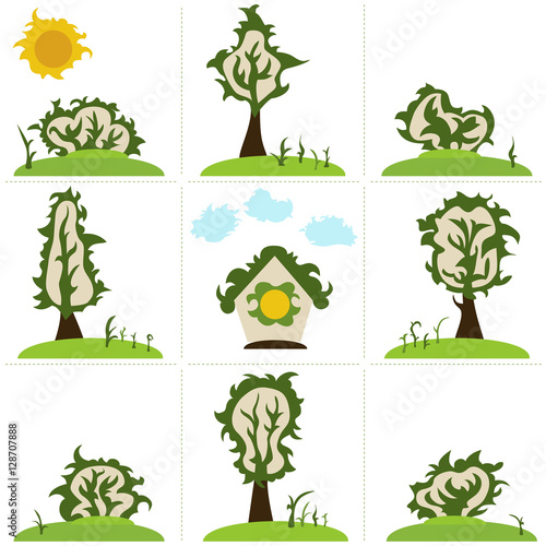 Set of nine elements. Abstract trees, floral objects, sun and clouds.