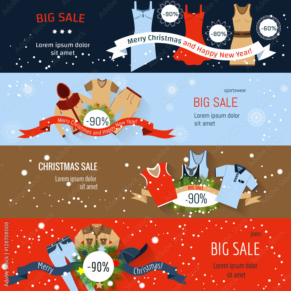Banner Christmas Sale. Flat illustration clothes.